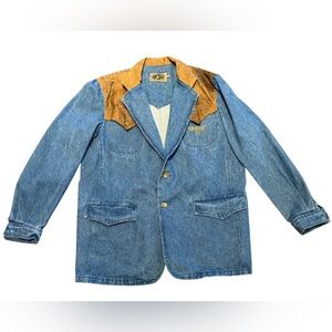 Vintage Rode Walker Men’s XL Blue Denim & Leather Western Blazer 1995
